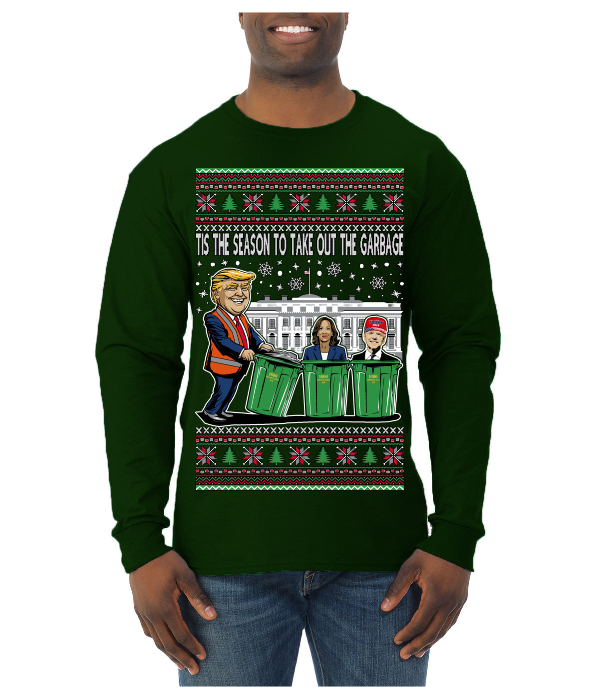 Tis the Season to Take Out the Garbage President Trump Ugly Christmas Sweater Mens Long Sleeve Shirt