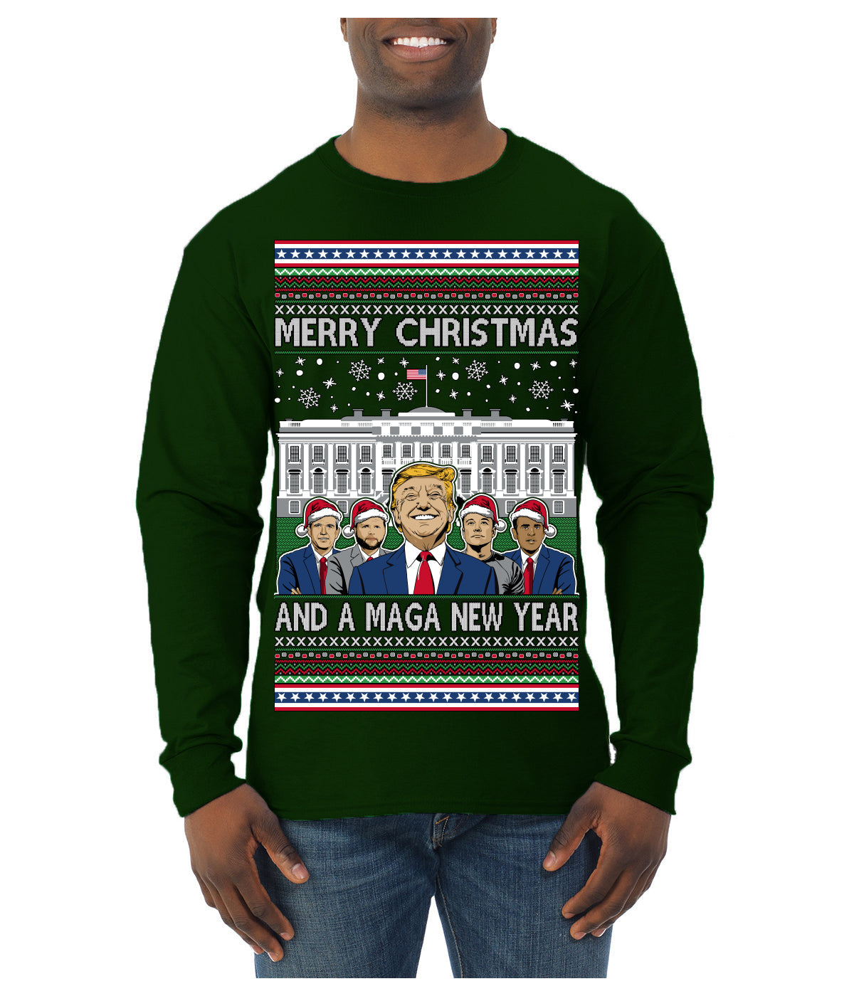 Merry Christmas and a MAGA New Year 2025 Ugly Christmas Sweater Mens Long Sleeve Shirt