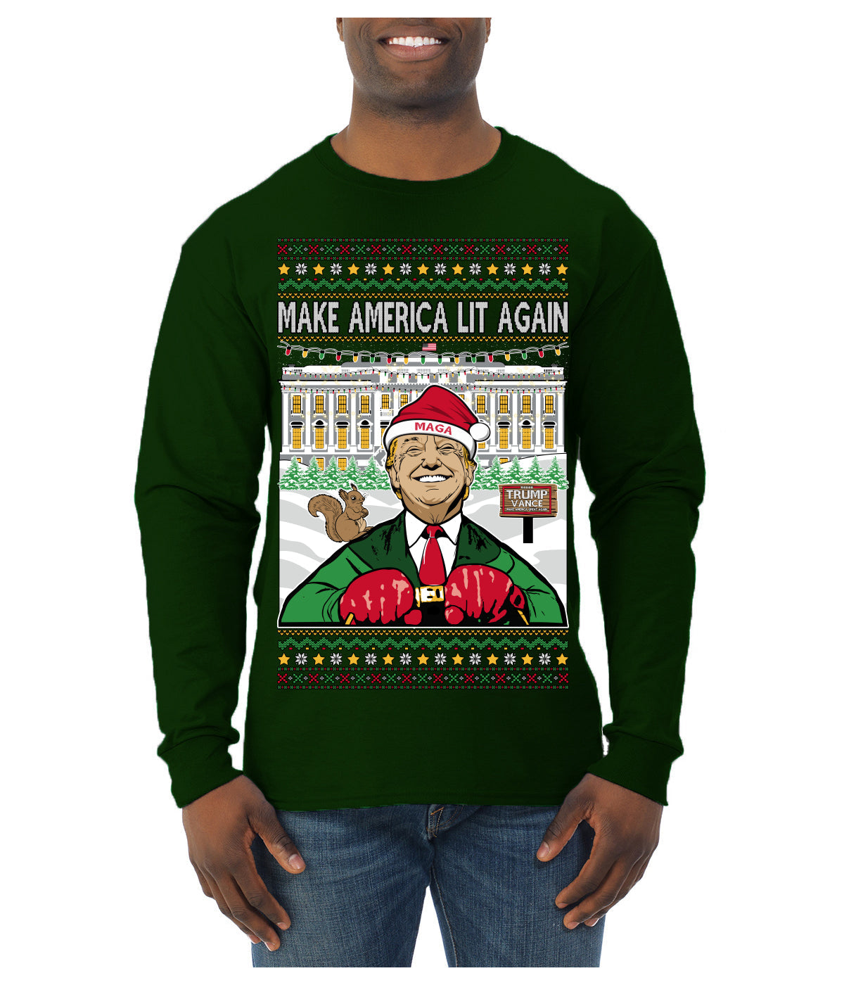 Make America Lit Again Funny Trump 2024 White House MAGA Ugly Christmas Sweater Mens Long Sleeve Shirt