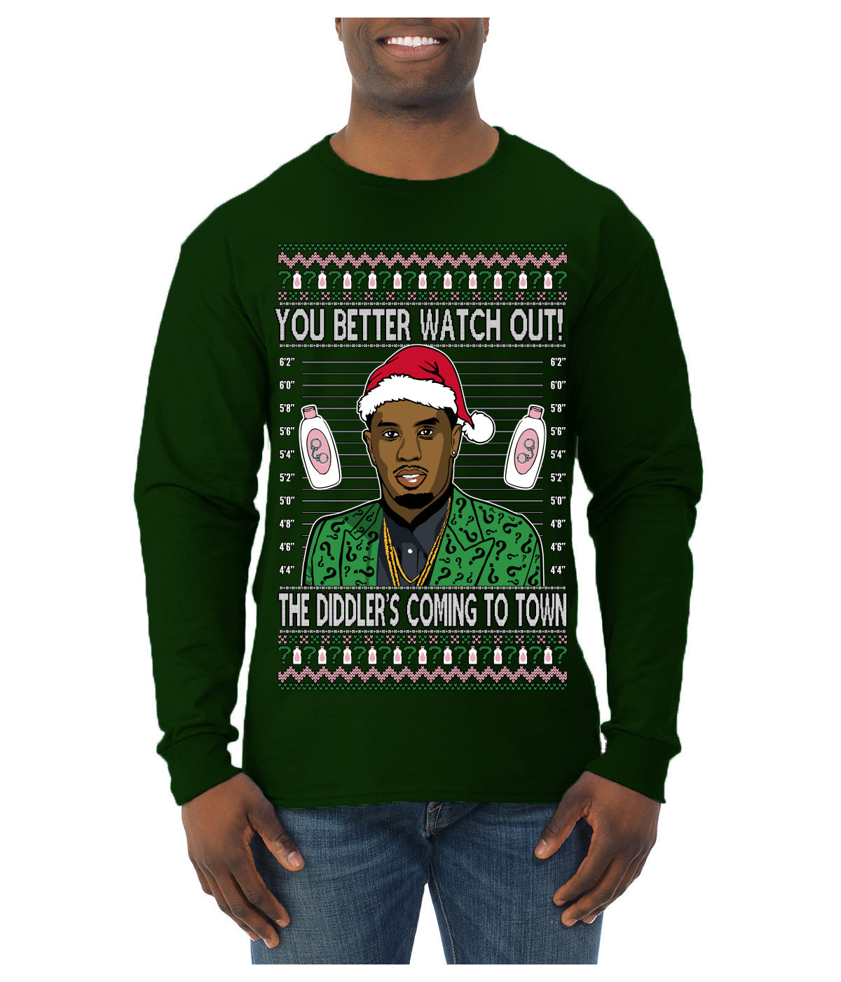 You Better Watch Out, the Diddler's Coming to Town, Funny Santa P Diddy Diddler Funny Party Viral Music Baby Oil Meme Ugly Christmas Sweater Mens Long Sleeve Shirt