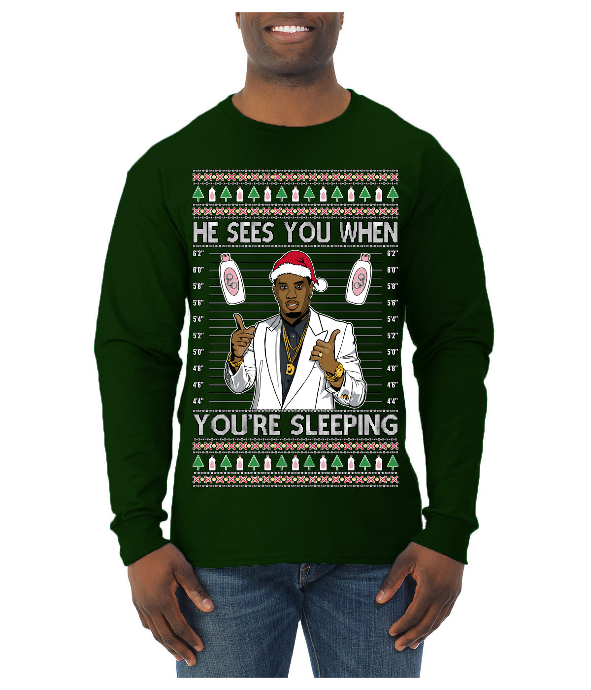 He Sees You When You're Sleeping, Funny Santa P Diddy Diddler Funny Party Viral Music Baby Oil Meme Ugly Christmas Sweater Mens Long Sleeve Shirt