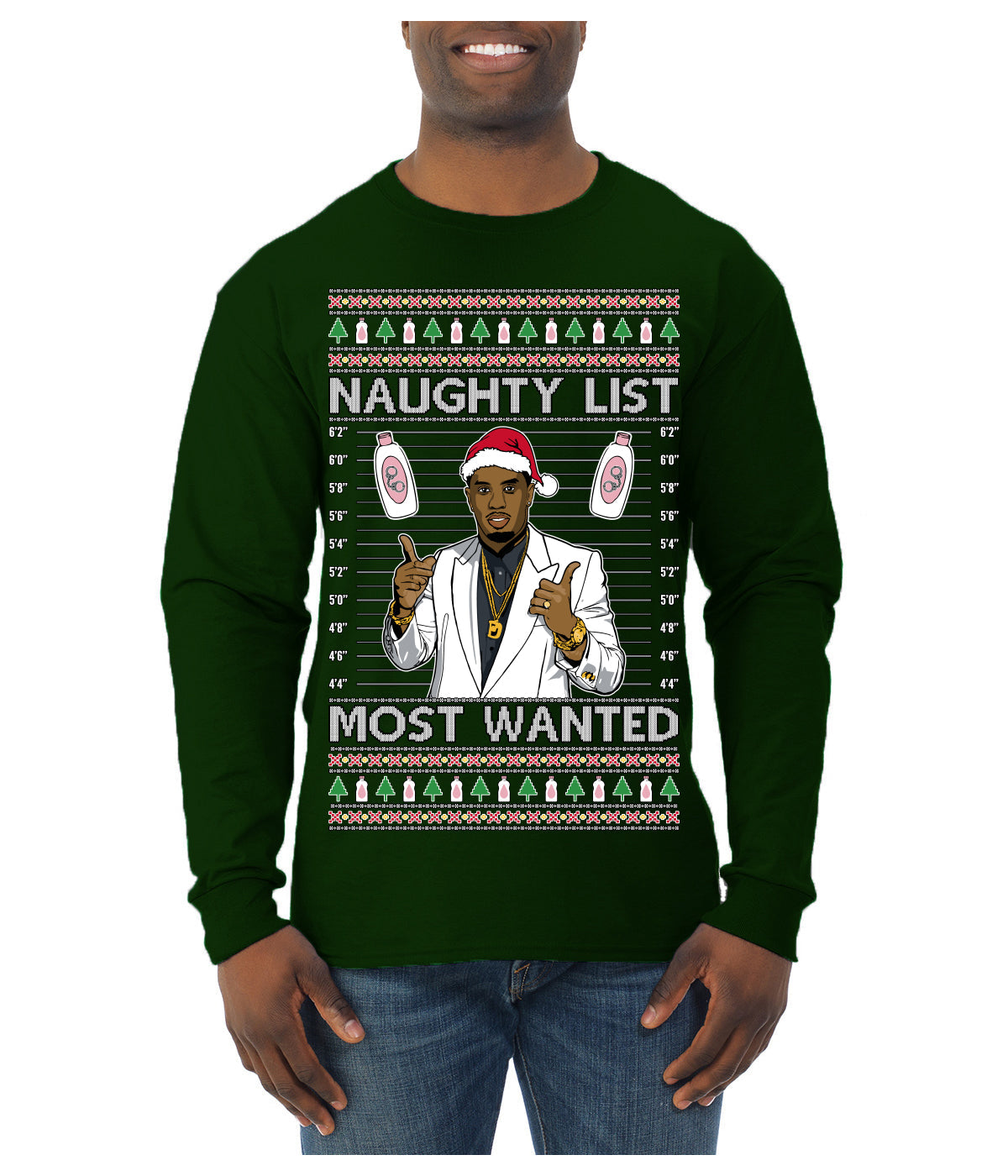 Naughty List Most Wanted, Funny Santa P Diddy Diddler Funny Party Viral Music Baby Oil Meme Ugly Christmas Sweater Mens Long Sleeve Shirt
