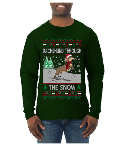 Dachshund Through The Snow, Cute Dog Christmas Sweater, Ugly Christmas Sweater Mens Long Sleeve Shirt