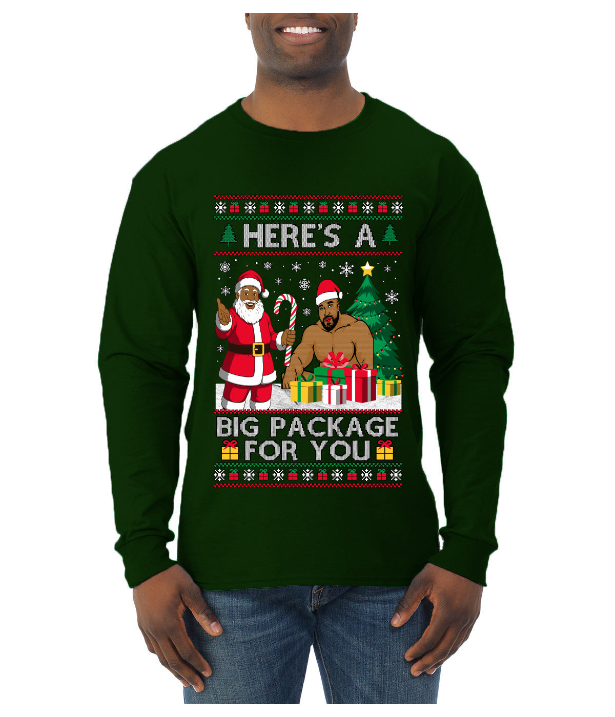 Here's A Big Package For You Black Santa Christmas Sweater, Ugly Christmas Sweater Mens Long Sleeve Shirt