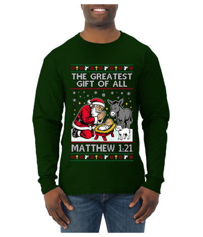 The Greatest Gift Of All Matthew 1:21, Ugly Christmas Sweater Mens Long Sleeve Shirt