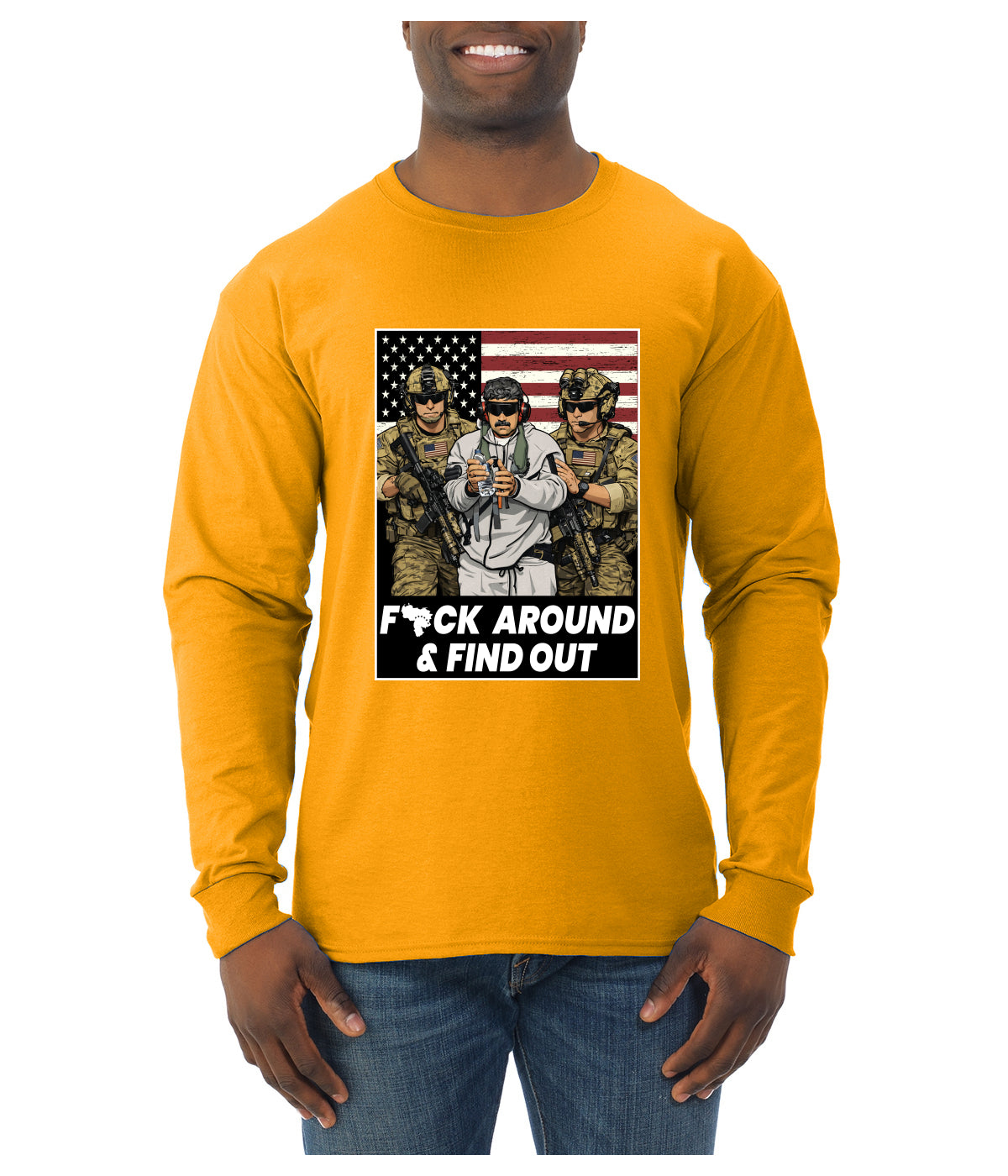 F Around & Find Out Venezuelan Dictator Maduro Captured Sweater, Unisex Mens Long Sleeve Shirt