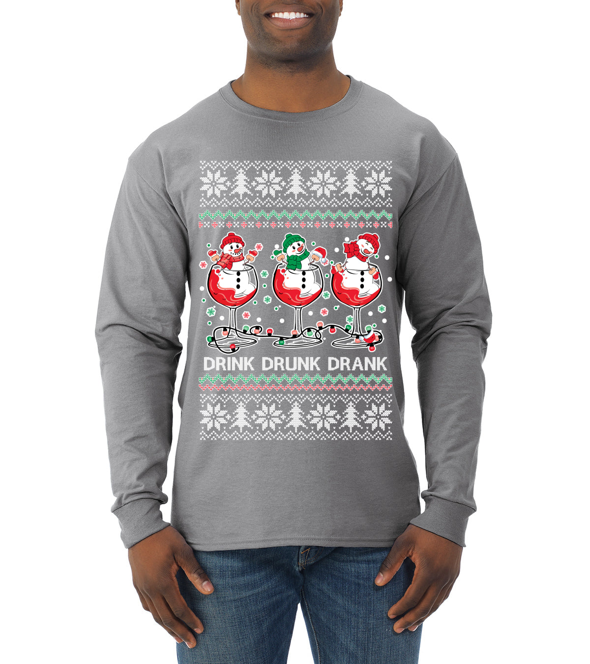 Holiday Spirits Drink Drank Drunk Snowmen Ugly Christmas Sweater Mens Long Sleeve Shirt