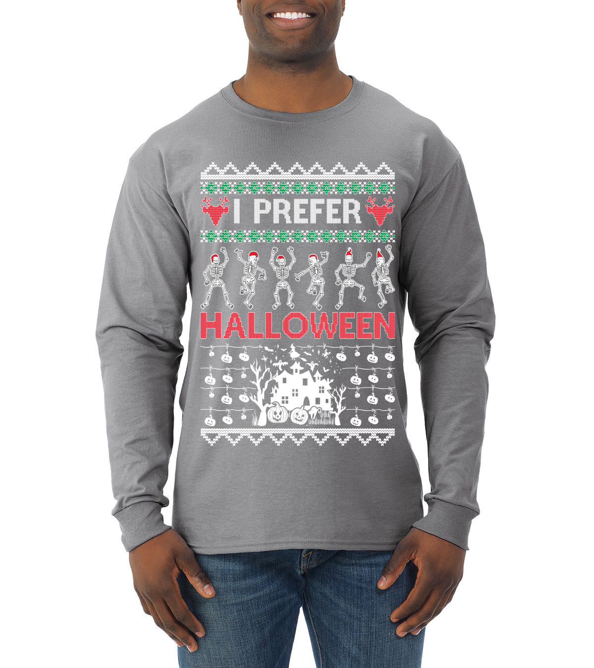 I Prefer Halloween Dancing Skeletons Ugly Christmas Sweater Mens Long Sleeve Shirt