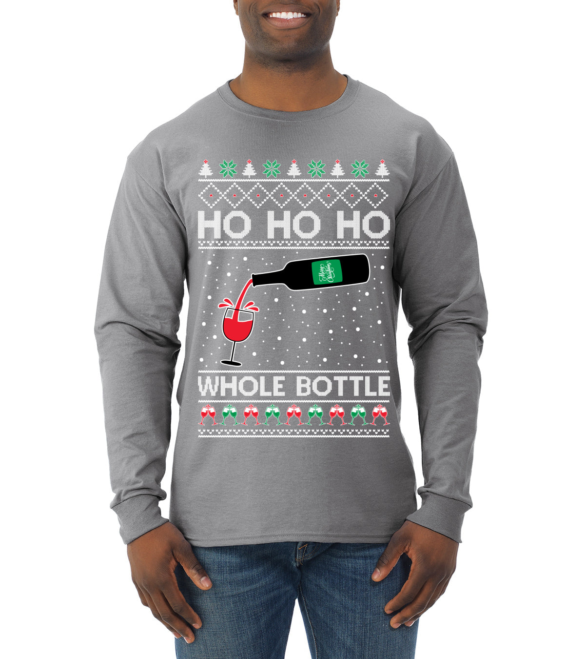 Ho Ho Ho Whole Bottle Wine Spirits Ugly Christmas Sweater Mens Long Sleeve Shirt