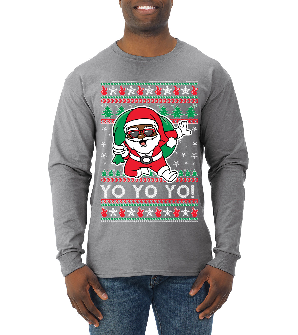 Yo Yo Yo Black Santa Ugly Christmas Sweater Mens Long Sleeve Shirt