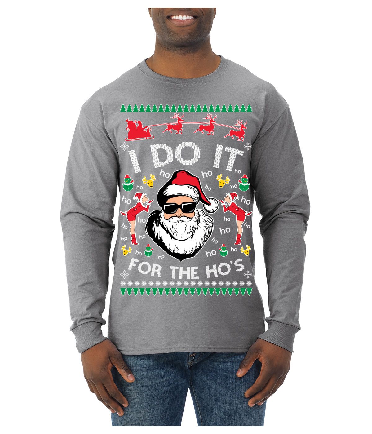 I Do It for the Hos Funny Santa Claus Ugly Christmas Sweater Mens Long Sleeve Shirt