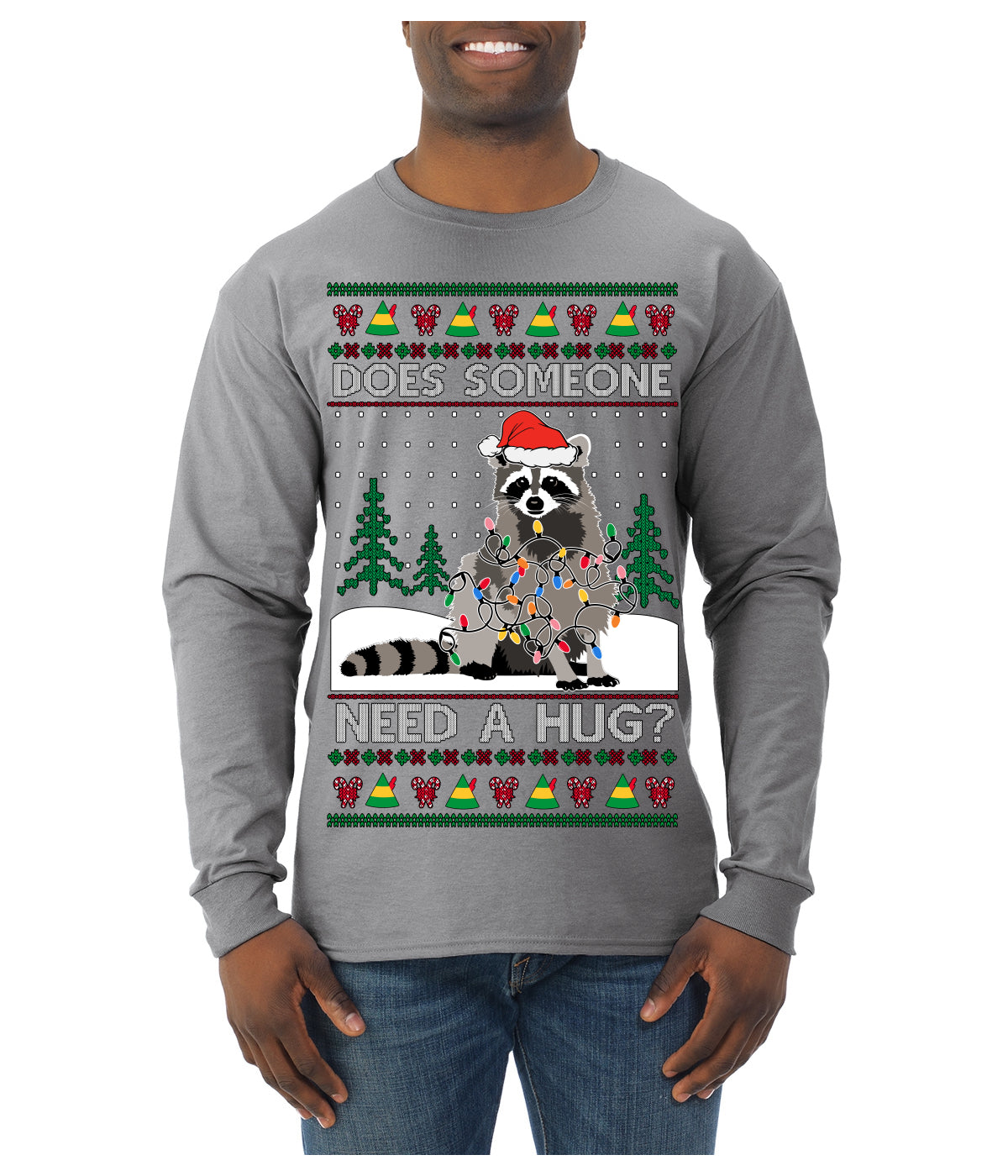 Does Someone Need a Hug? Cute Raccoon Ugly Christmas Sweater Mens Long Sleeve Shirt