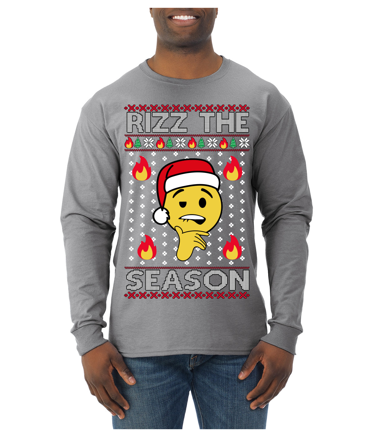 Rizz the Season Viral Internet Fire Emoji Face Meme Ugly Christmas Sweater Mens Long Sleeve Shirt