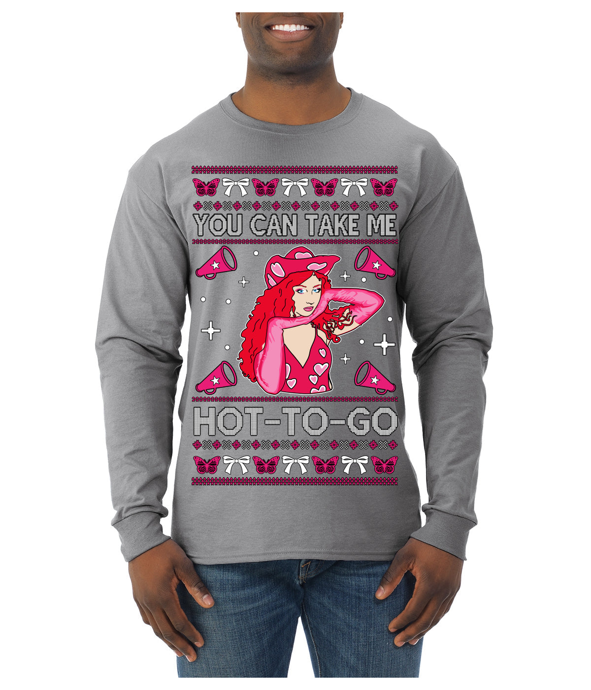 You Can Take Me Hot to Go, Funny Midwest Princess Pop Star Ugly Christmas Sweater Mens Long Sleeve Shirt