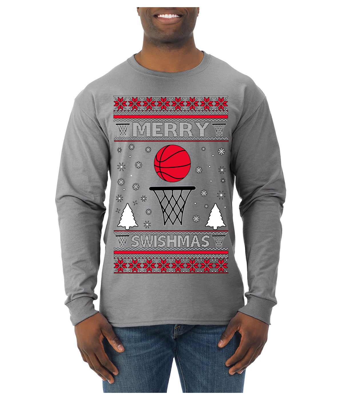 Merry Swishmas Basketball Sports Ugly Christmas Sweater Mens Long Sleeve Shirt