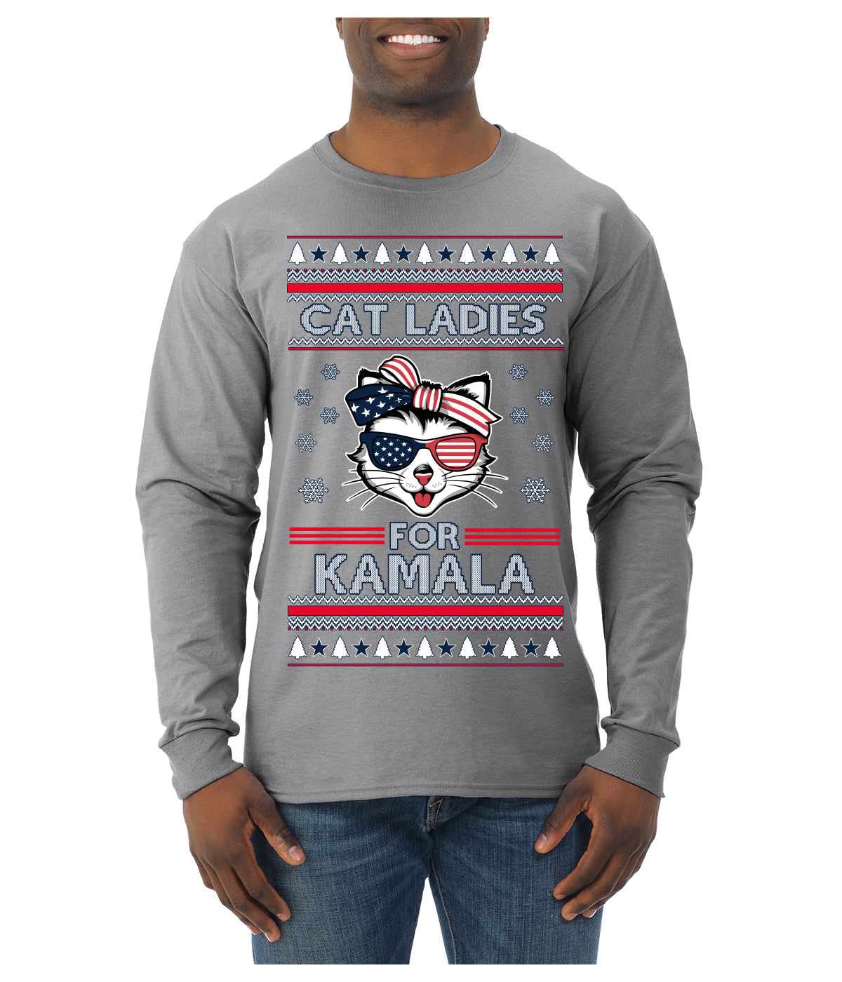 Cat Ladies for Kamala USA Glasses, Harris Tim Walz 2024 Cute USA Glasses Bow Ugly Christmas Sweater Mens Long Sleeve Shirt