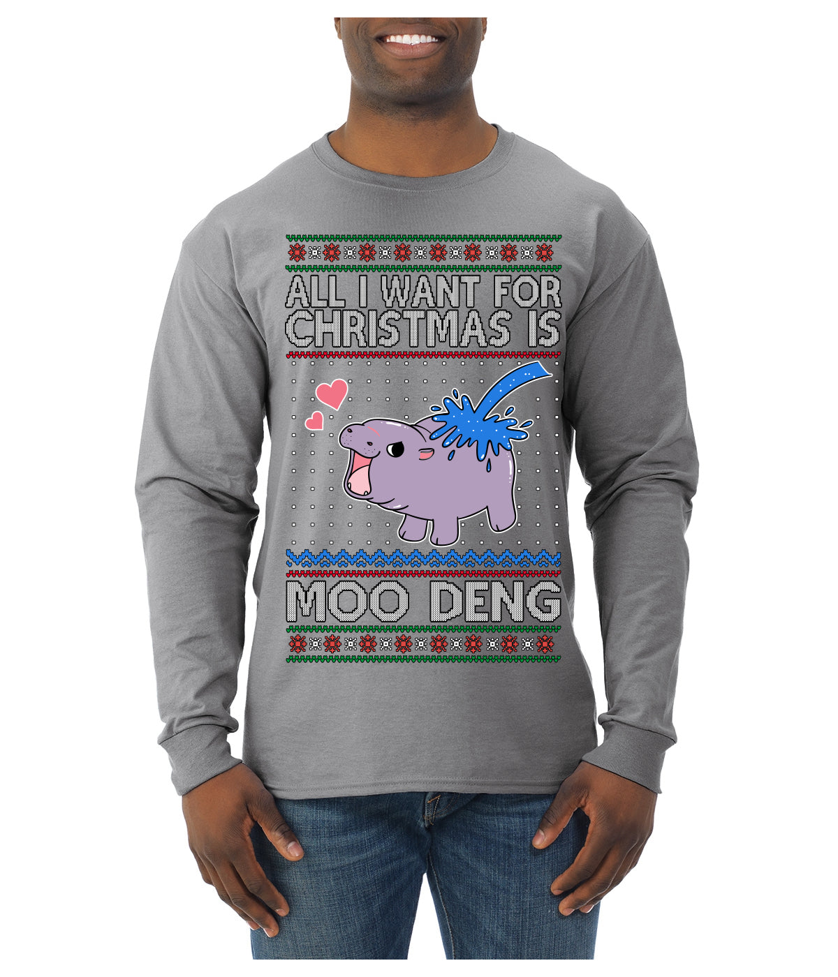All I Want for Christmas is Moo Deng Cute Pygmy Hippo Ugly Christmas Sweater Mens Long Sleeve Shirt