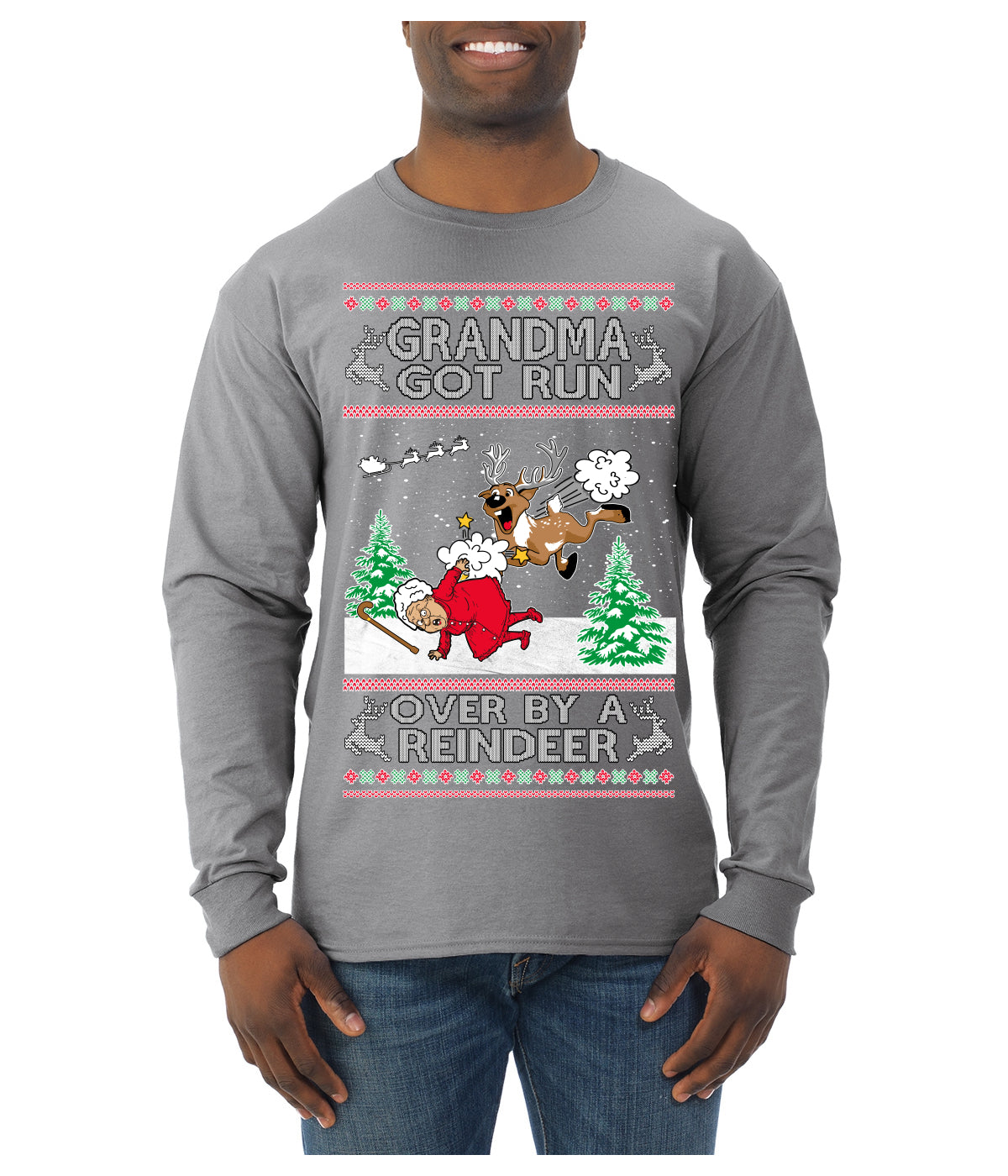Grandma Got Run Over by a Reindeer, Funny Animated Design Rein Deer Kids TV Song Movie Ugly Christmas Sweater Mens Long Sleeve Shirt