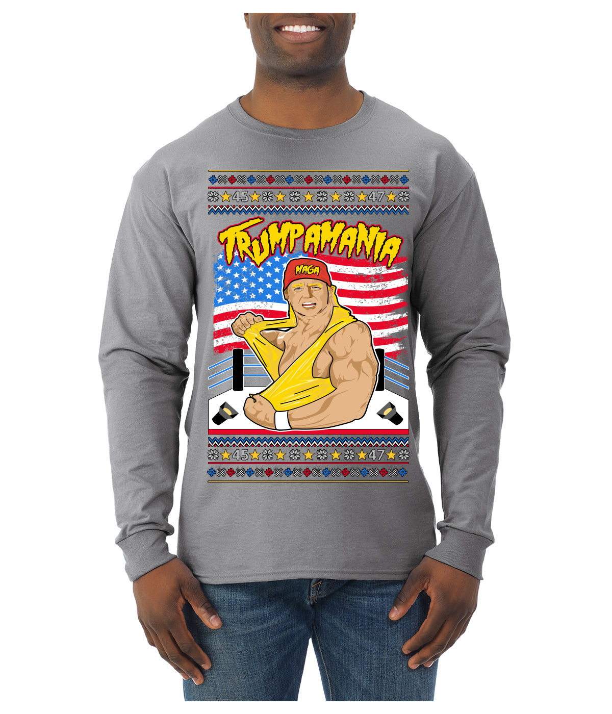 Trumpamania Funny Hogan 80s USA Wrestling Sports Parody Ugly Christmas Sweater Mens Long Sleeve Shirt