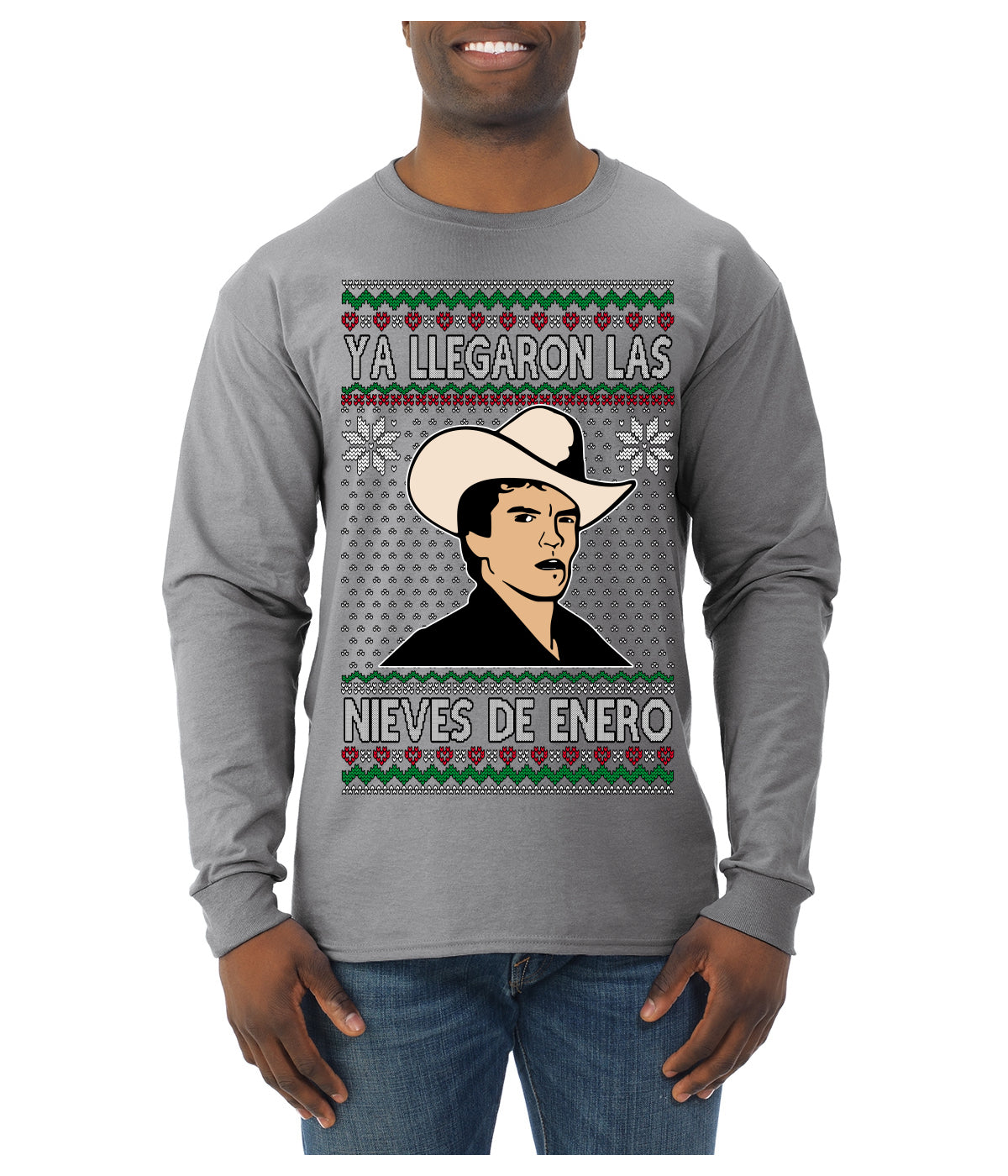 Ya Llegaron Las Nieves De Enero Chalino January Snow Ugly Christmas Sweater Mens Long Sleeve Shirt