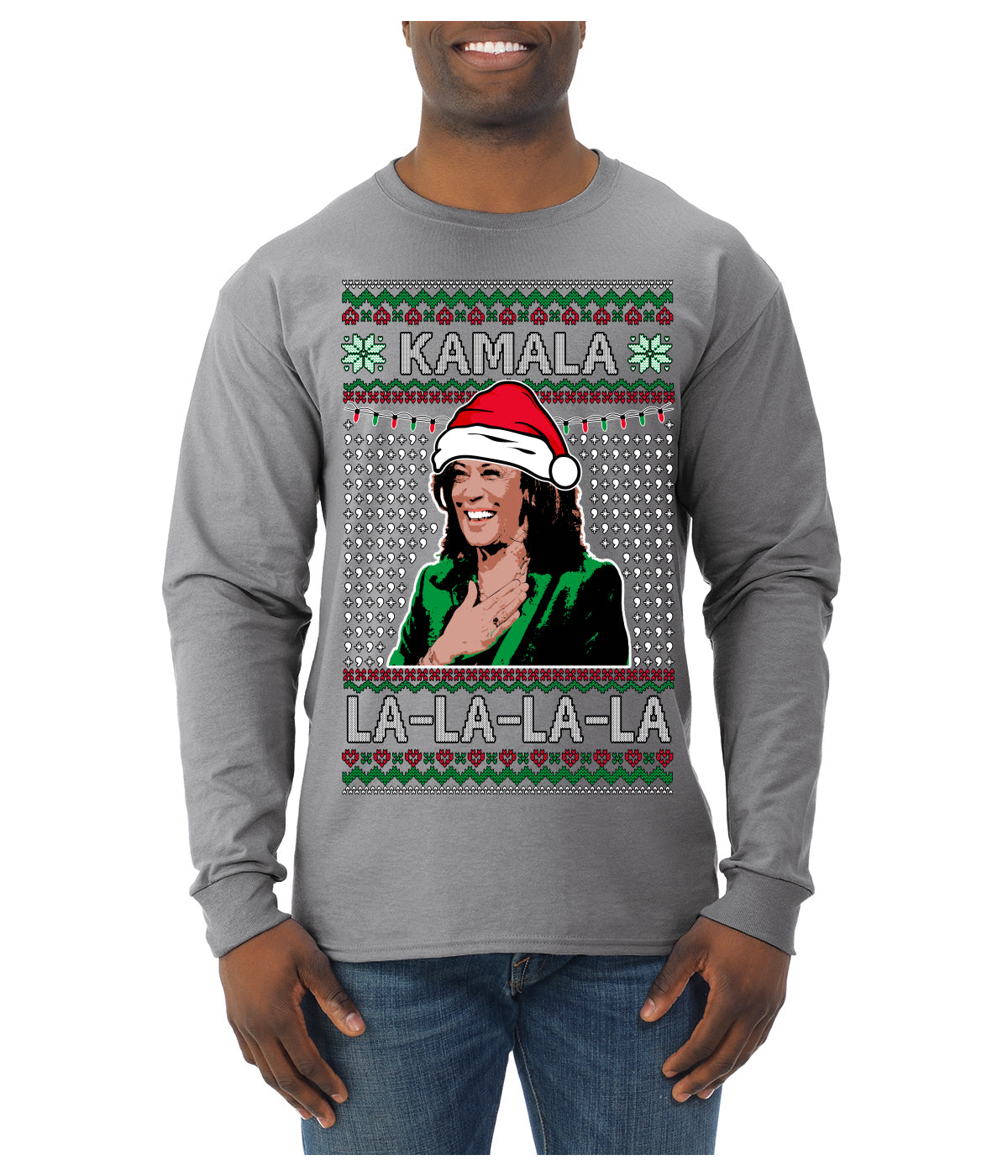 Kamala La La Funny Santa Hat Classic Xmas Song Carol Ugly Christmas Sweater Mens Long Sleeve Shirt