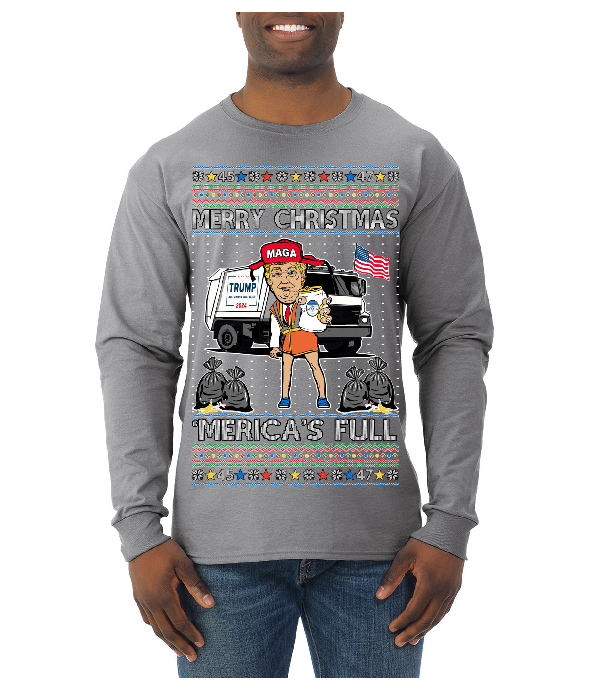 Donald Trump Merry Christmas Merica's Full Garbage Truck Ugly Christmas Sweater Mens Long Sleeve Shirt