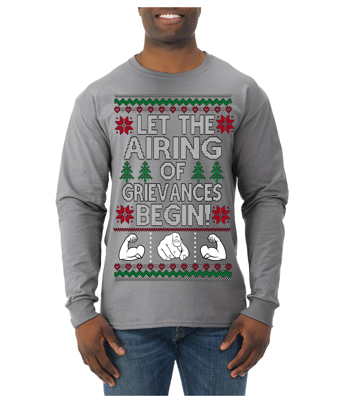 Let the Airing of Grievances Begin Funny TV Sitcom Festivus Ugly Christmas Sweater Mens Long Sleeve Shirt