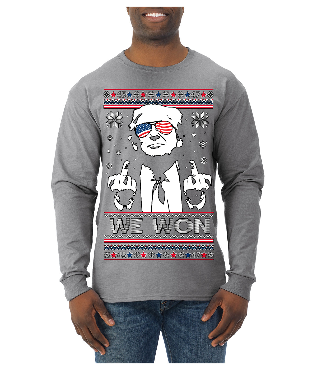 We Won Funny 45 47 President Trump Shot USA Glasses Ugly Christmas Sweater Mens Long Sleeve Shirt
