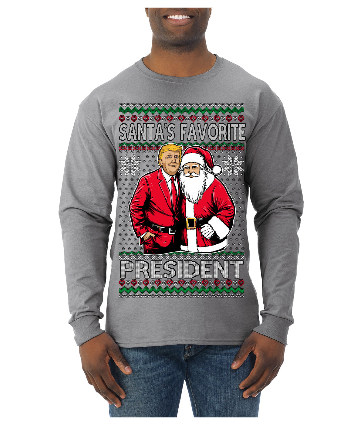 Santa's Favorite President Red Suit Trump Ugly Christmas Sweater Mens Long Sleeve Shirt