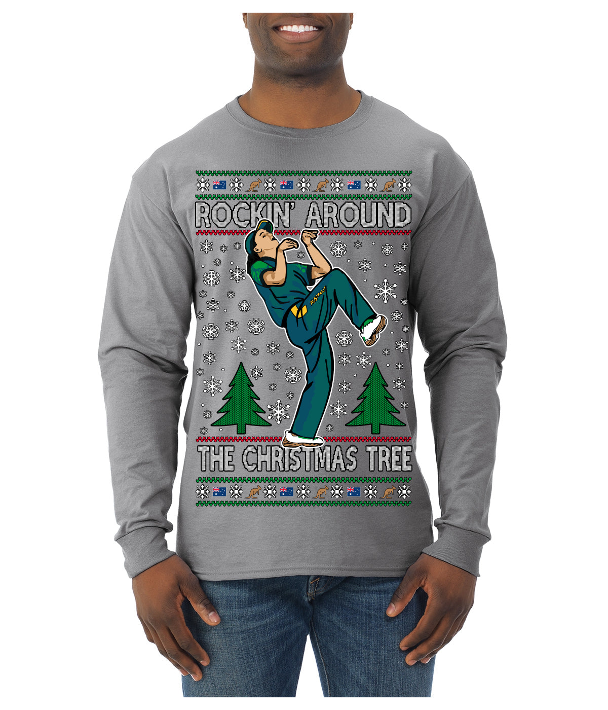 Rockin Around the Christmas Tree Raygun Viral Breakdancer Ugly Christmas Sweater Mens Long Sleeve Shirt