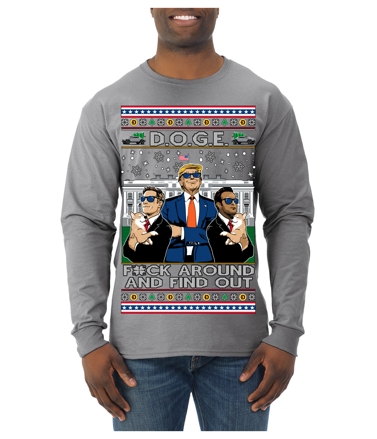 Doge F Around and Find Out Donald Trump Elon Vivek MAGA Ugly Christmas Sweater Mens Long Sleeve Shirt