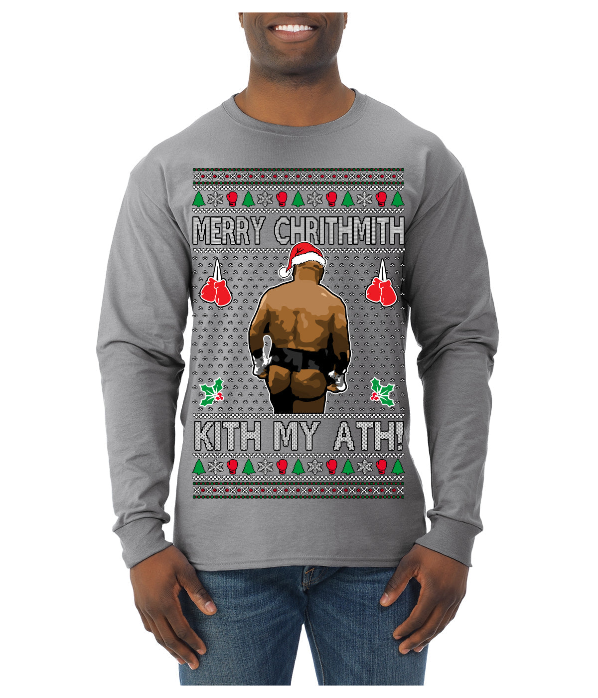 Merry Chrithmith Kith My Ath, Butt Viral Kiss My Ass Boxing Fight Meme Ugly Christmas Sweater Mens Long Sleeve Shirt