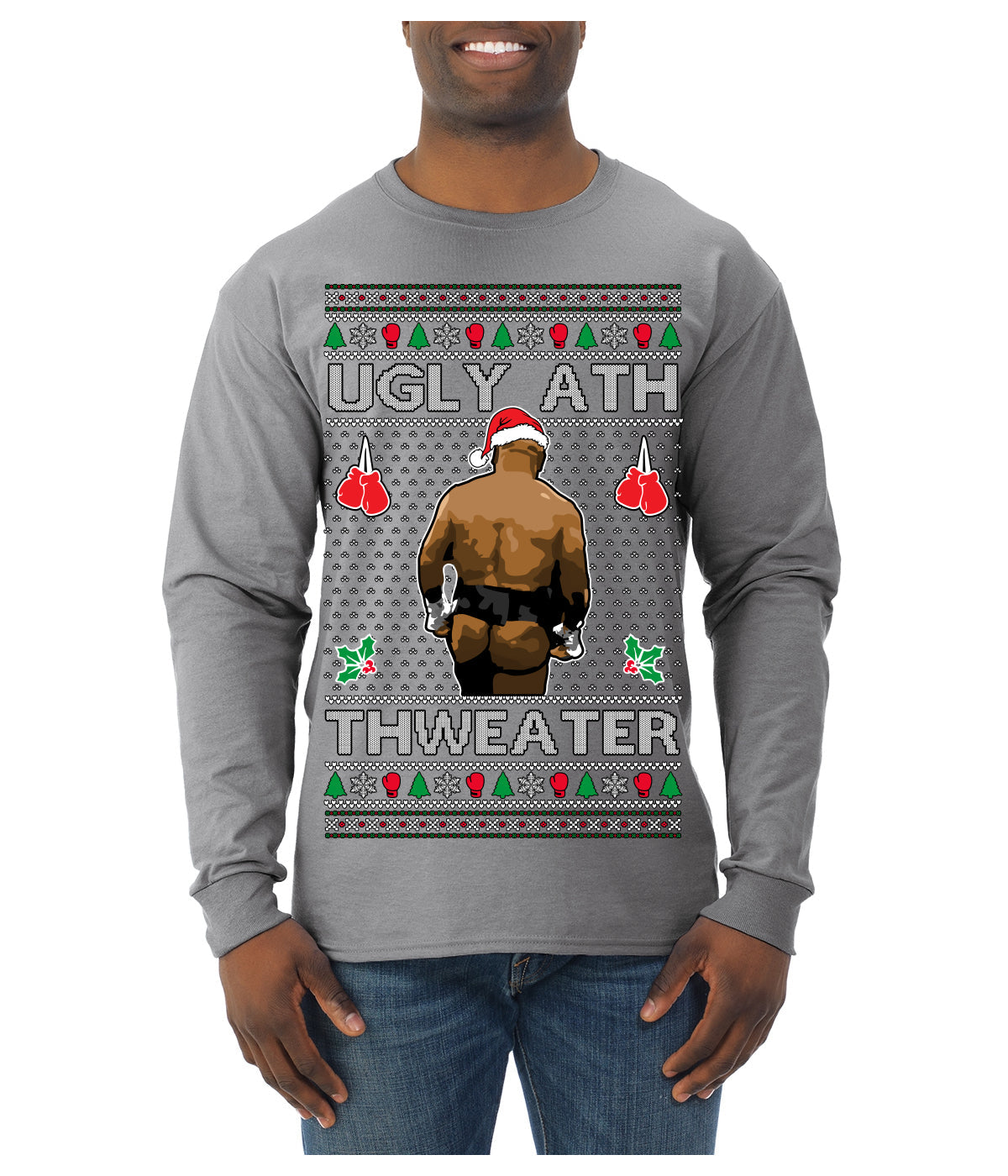 Ugly Ath Sweater Merry Chrithmith, Butt Viral Ugly Ass Boxing Fight Meme Ugly Christmas Sweater Mens Long Sleeve Shirt
