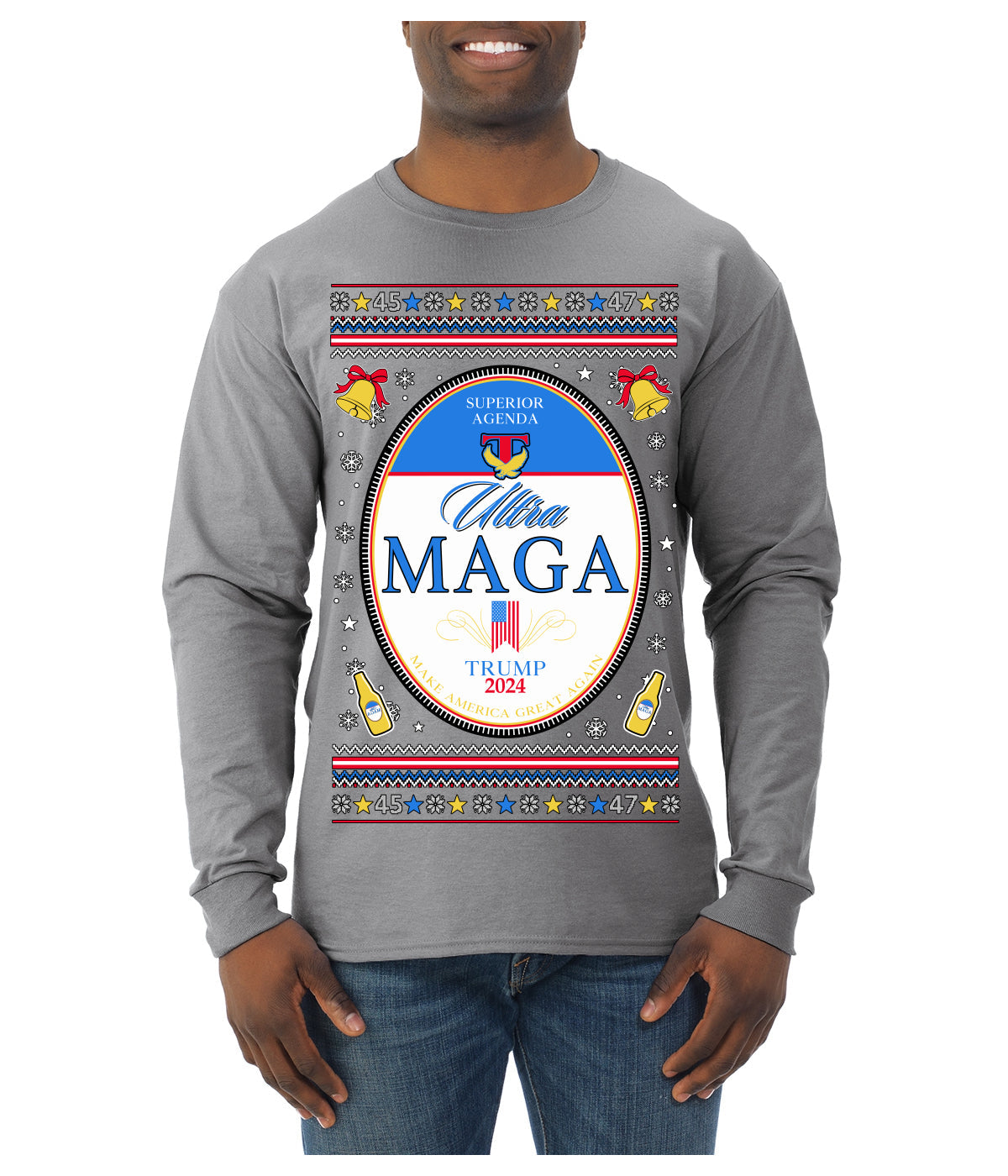 Ultra MAGA Superior Agenda Trump 2024 Funny Beer Logo Ugly Christmas Sweater Mens Long Sleeve Shirt