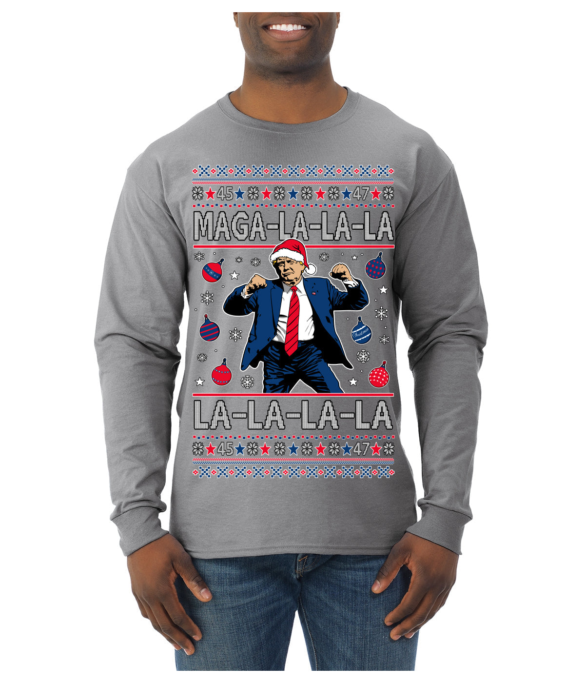 Maga La La La Funny Donald Trump Christmas Carol Song Ugly Christmas Sweater Mens Long Sleeve Shirt