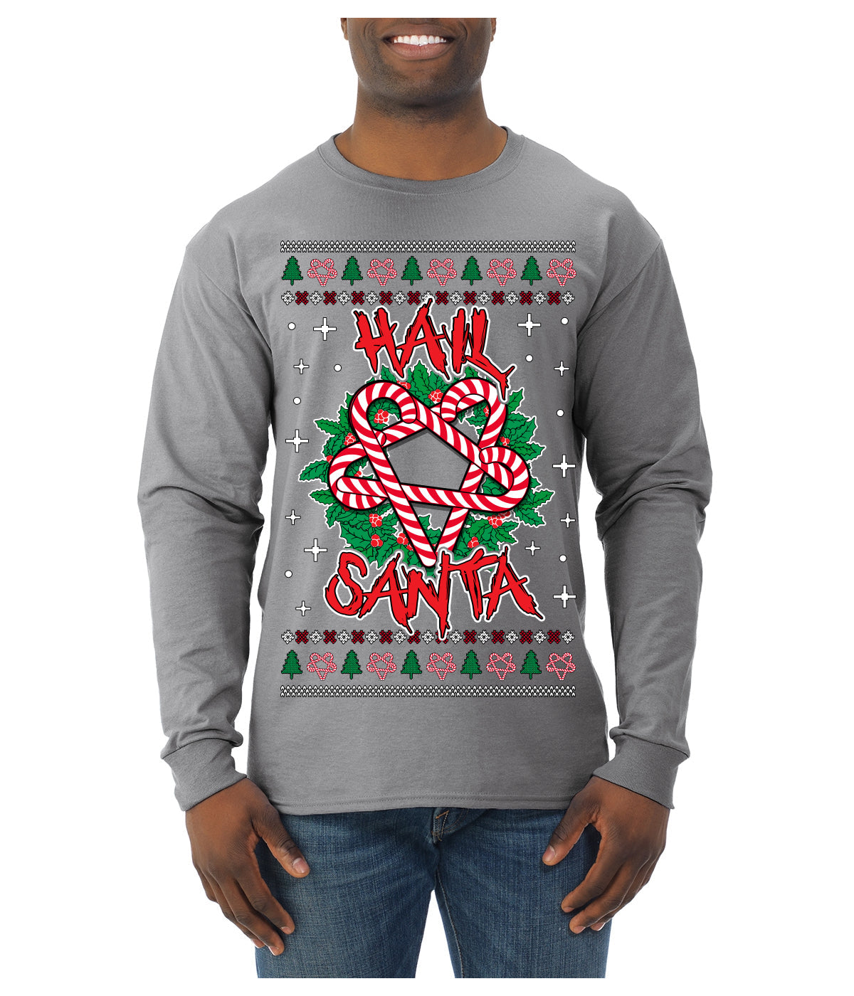 Hail Santa Funny Satanic Candy Devil Heavy Metal Satan Ugly Christmas Sweater Mens Long Sleeve Shirt