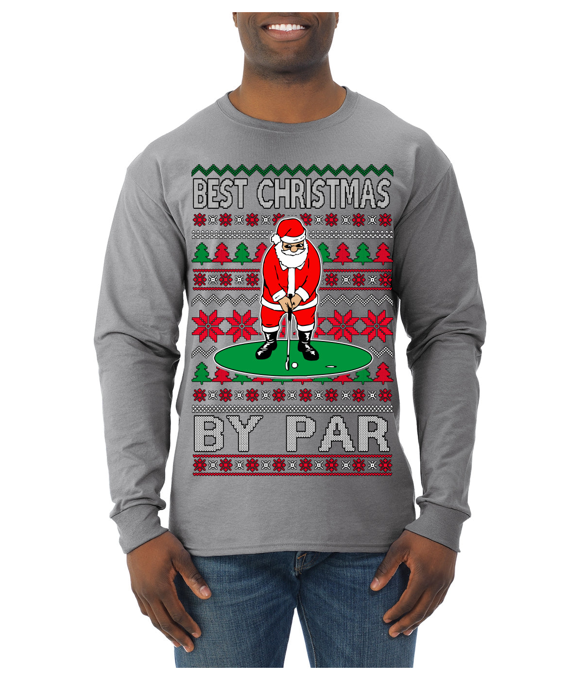 Best Christmas By Par Funny Santa Golfing Pun Sports Golf Ugly Christmas Sweater Mens Long Sleeve Shirt