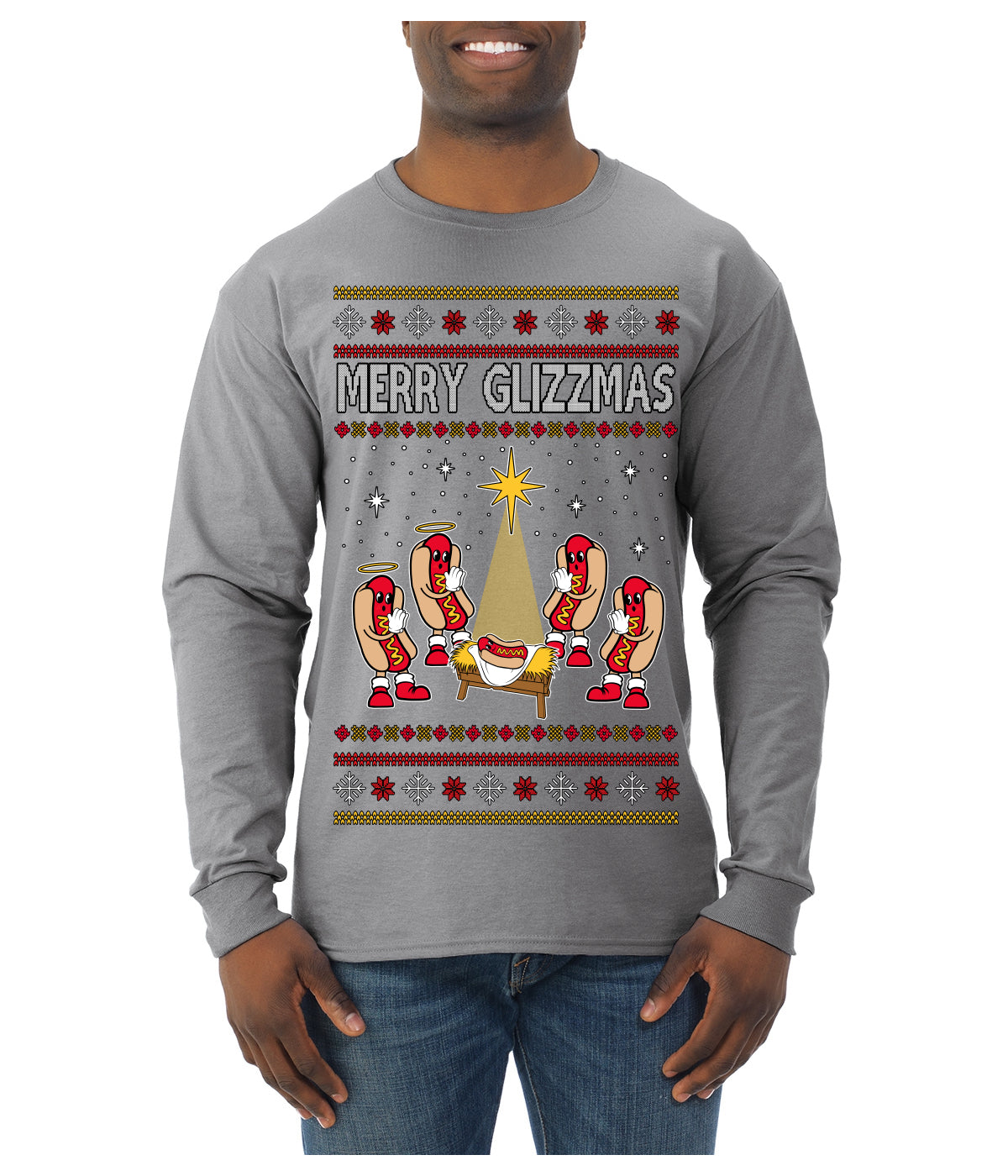 Merry Glizzmas, Funny Glizzy Hot Dog Baby Jesus Catholic Nativity, Fast Food Mustard Condiment Glizzys Humor Ugly Christmas Sweater Mens Long Sleeve Shirt