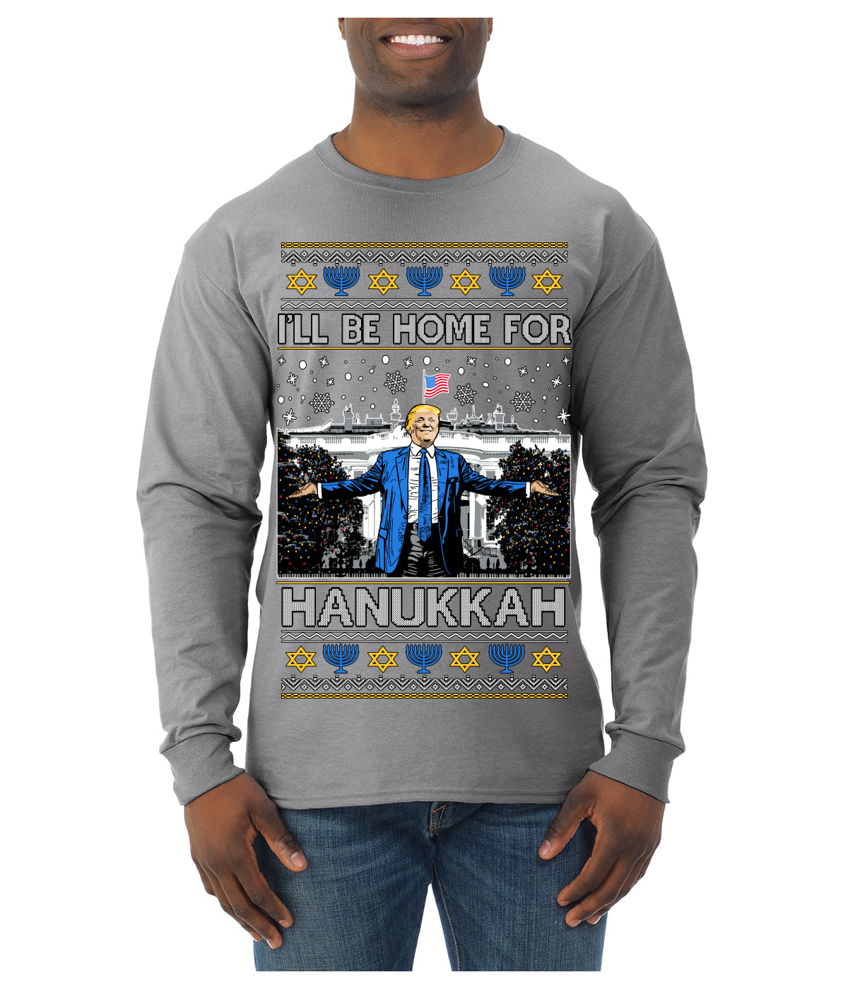 I'll Be Home for Hanukkah, Funny President Donald Trump JD Vance Winter Holiday Chanukah Hannukkah Channukah Ugly Christmas Sweater Mens Long Sleeve Shirt