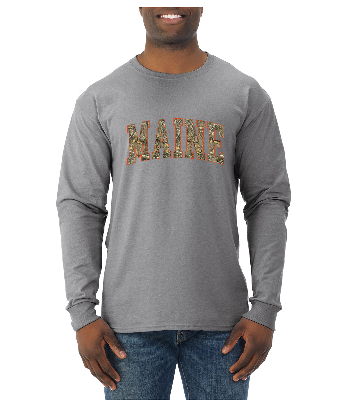Maine  Camo Fill Orange Outline Sweater, Unisex Mens Long Sleeve Shirt