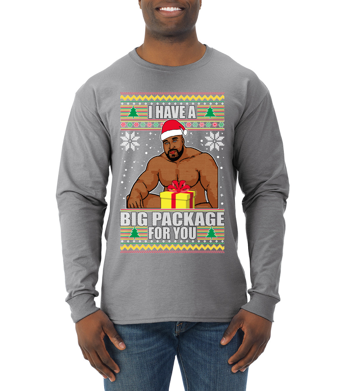 I Have A Big Package Meme Barry Wood Ugly Christmas Sweater Mens Long Sleeve Shirt