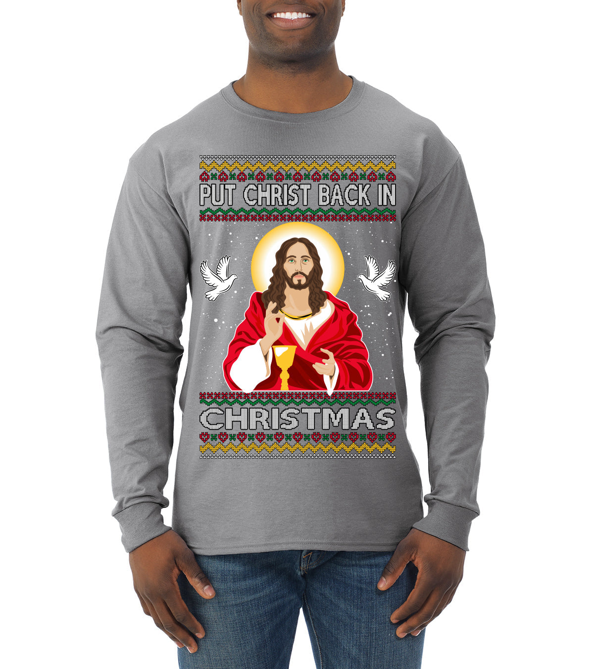 Put Christ Back In Christmas Ugly Christmas Sweater Mens Long Sleeve Shirt