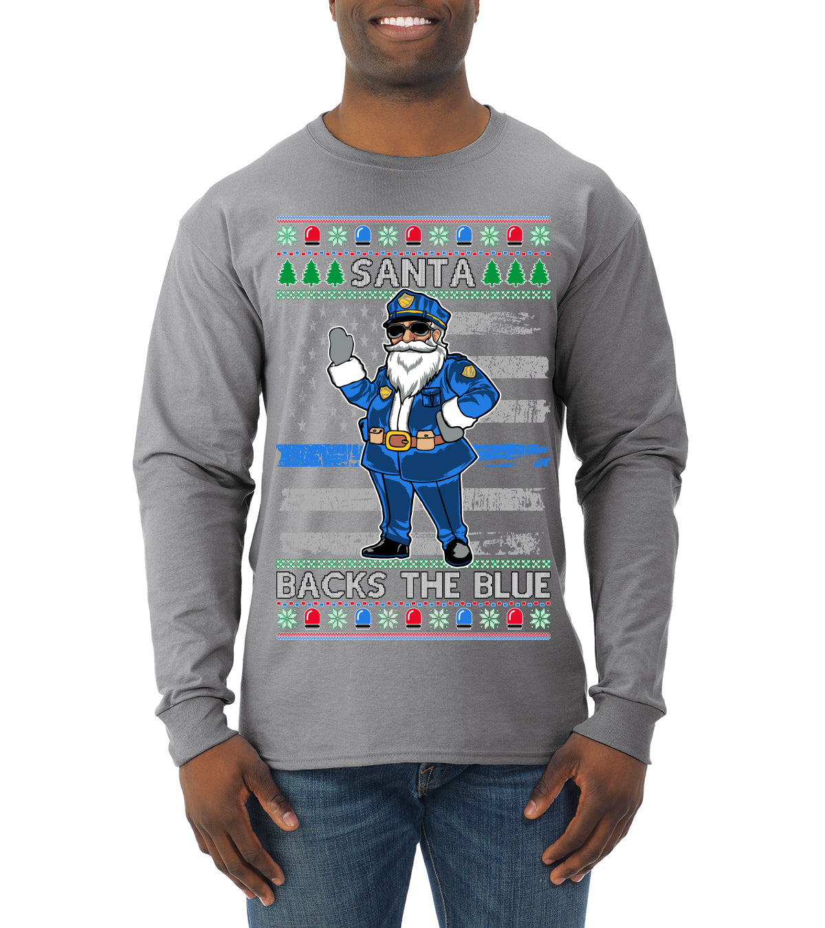 Santa Backs The Blue Pro Police Santa Claus Ugly Christmas Sweater Mens Long Sleeve Shirt