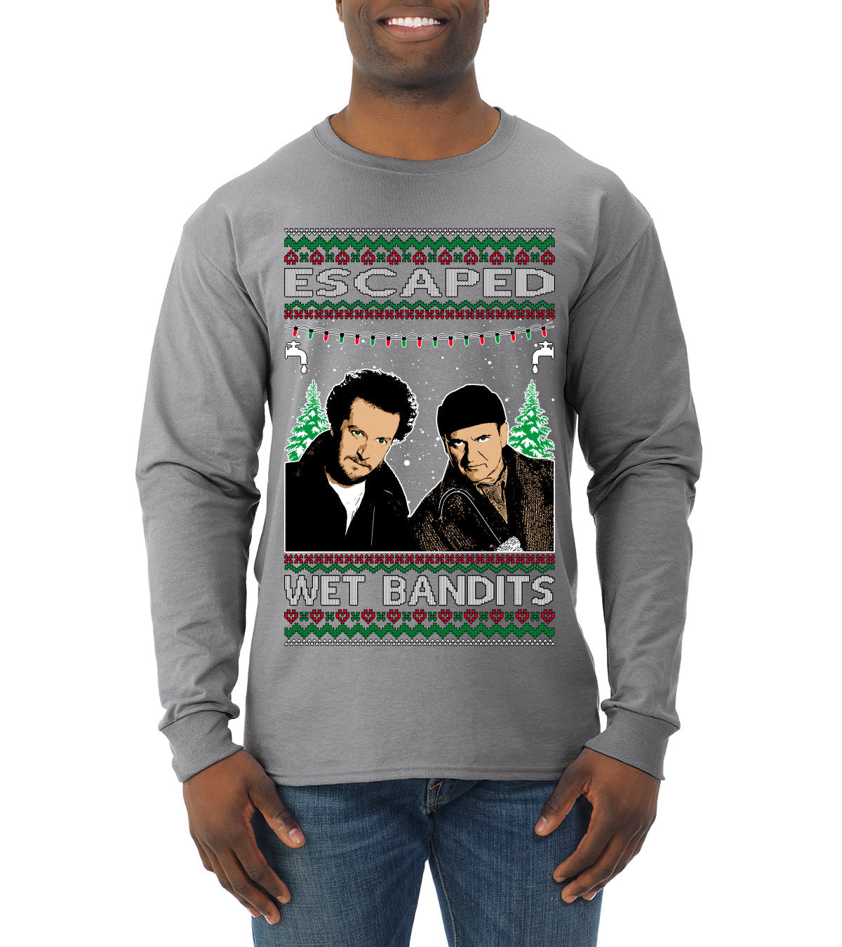 Escaped Bandits Classic Home Holiday Movie Ugly Christmas Sweater Mens Long Sleeve Shirt