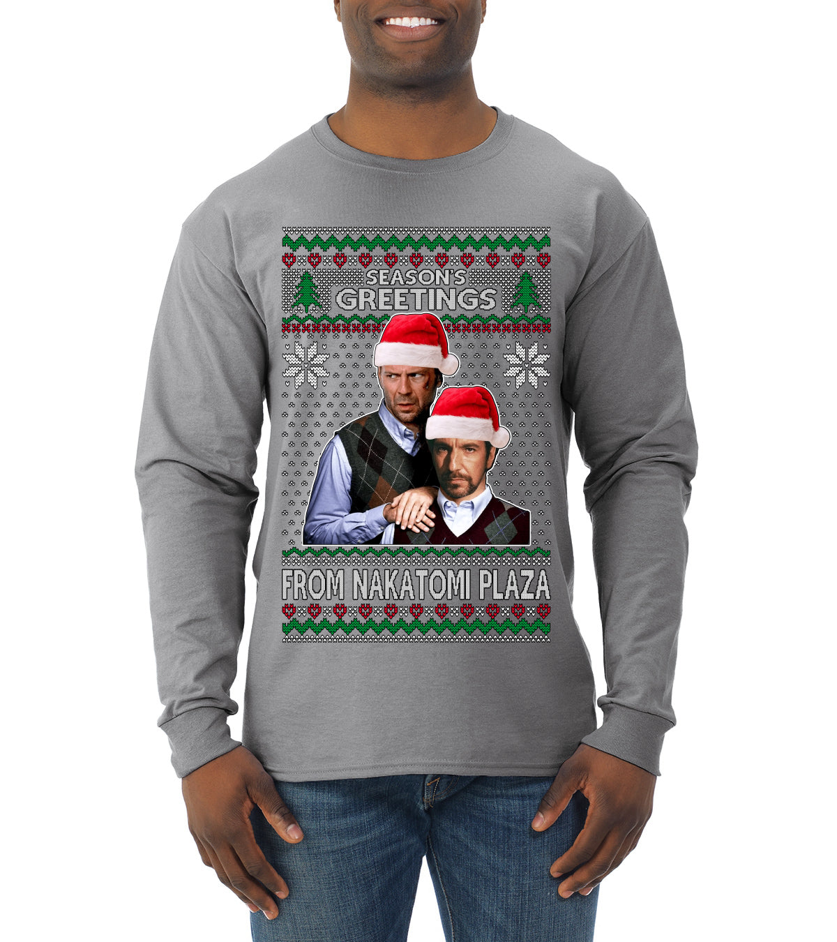 Season's Greeting From Nakatomi Plaza Ugly Christmas Sweater Mens Long Sleeve Shirt