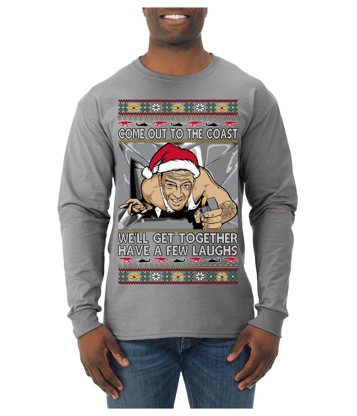 Come Out to the Coast Have a Few Laughs Die Hard McClane Ugly Christmas Sweater Mens Long Sleeve Shirt