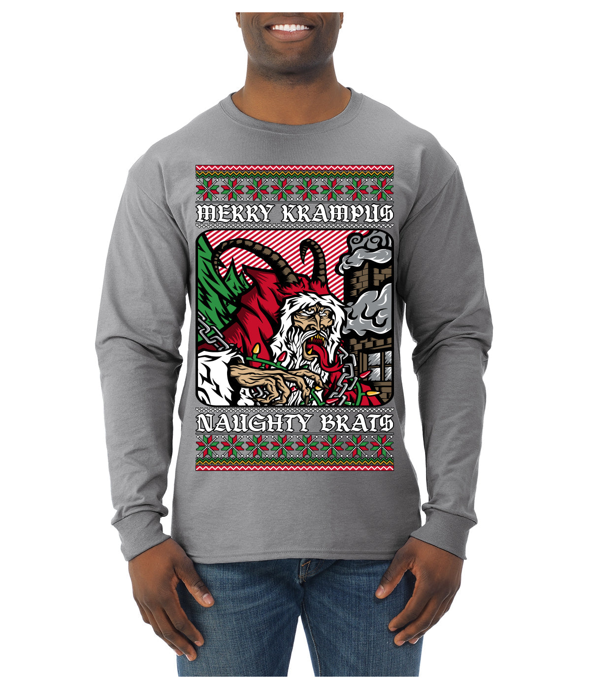 Merry Krampus Naughty Brats | Funny Ugly Christmas Sweater Mens Long Sleeve Shirt