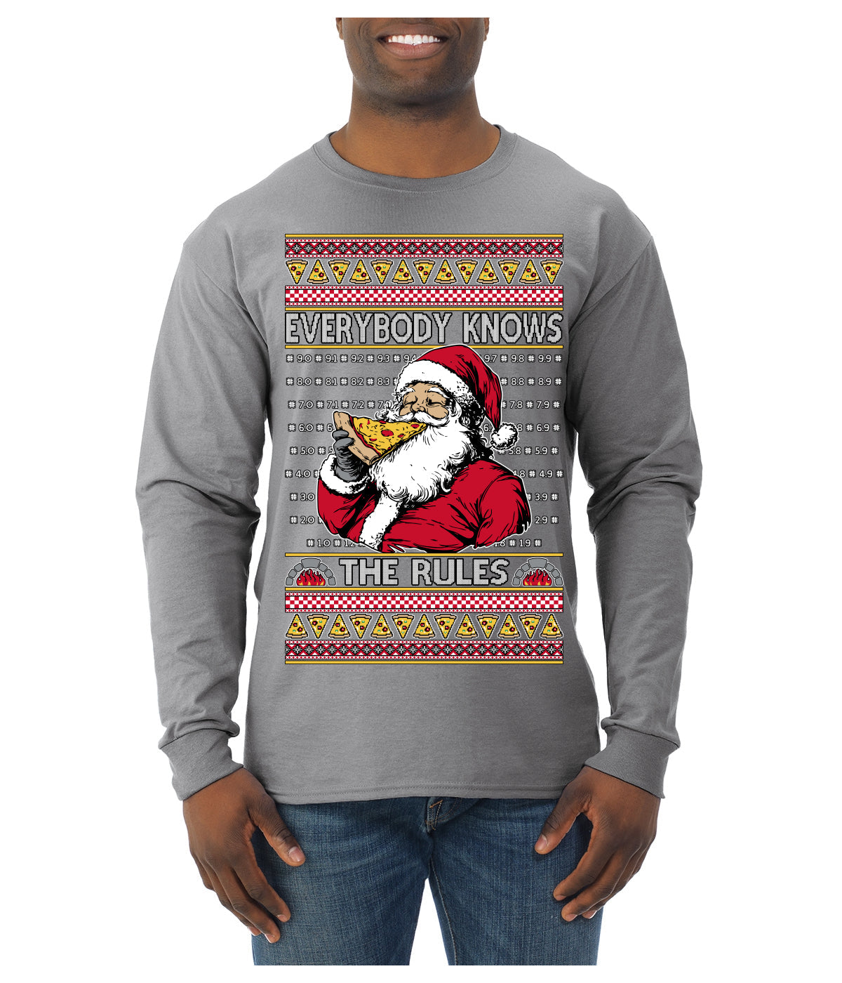 Everybody Knows the Rules Funny Santa Claus Pizza Score Ugly Christmas Sweater Mens Long Sleeve Shirt