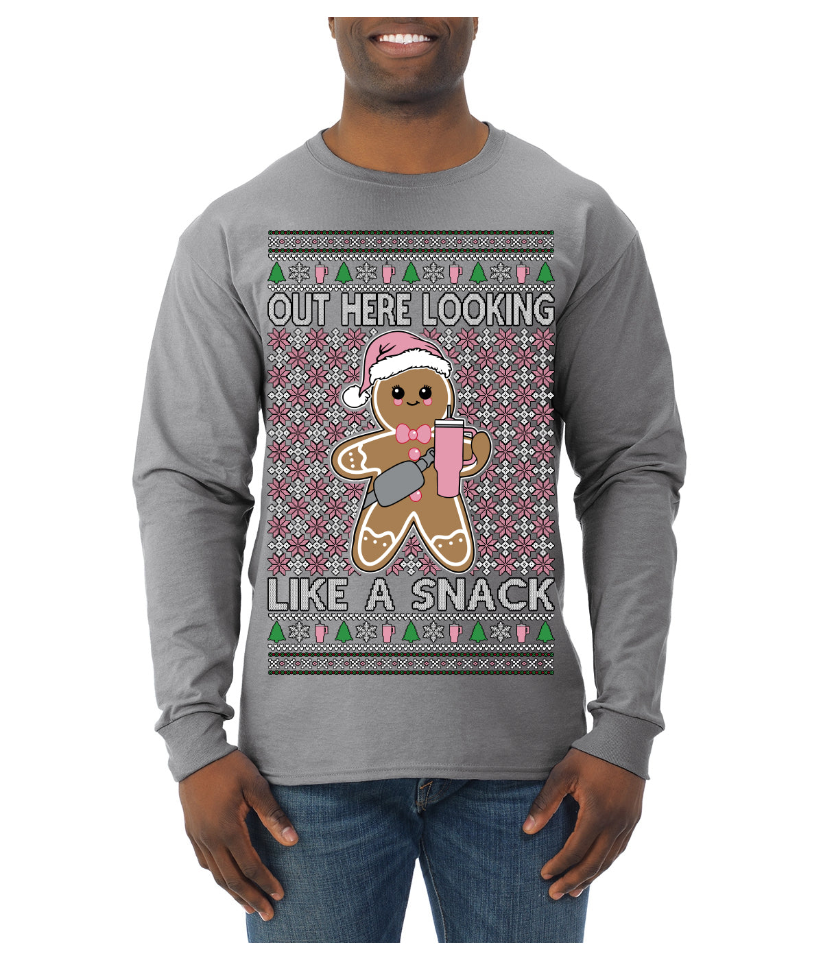 Out Here Looking Like a Snack Cute Xmas Cookie Ugly Christmas Sweater Mens Long Sleeve Shirt