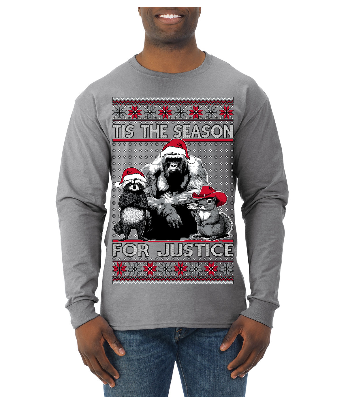 Tis the Season For Justice Harambe Peanut Fred Raccoon Ugly Christmas Sweater Mens Long Sleeve Shirt